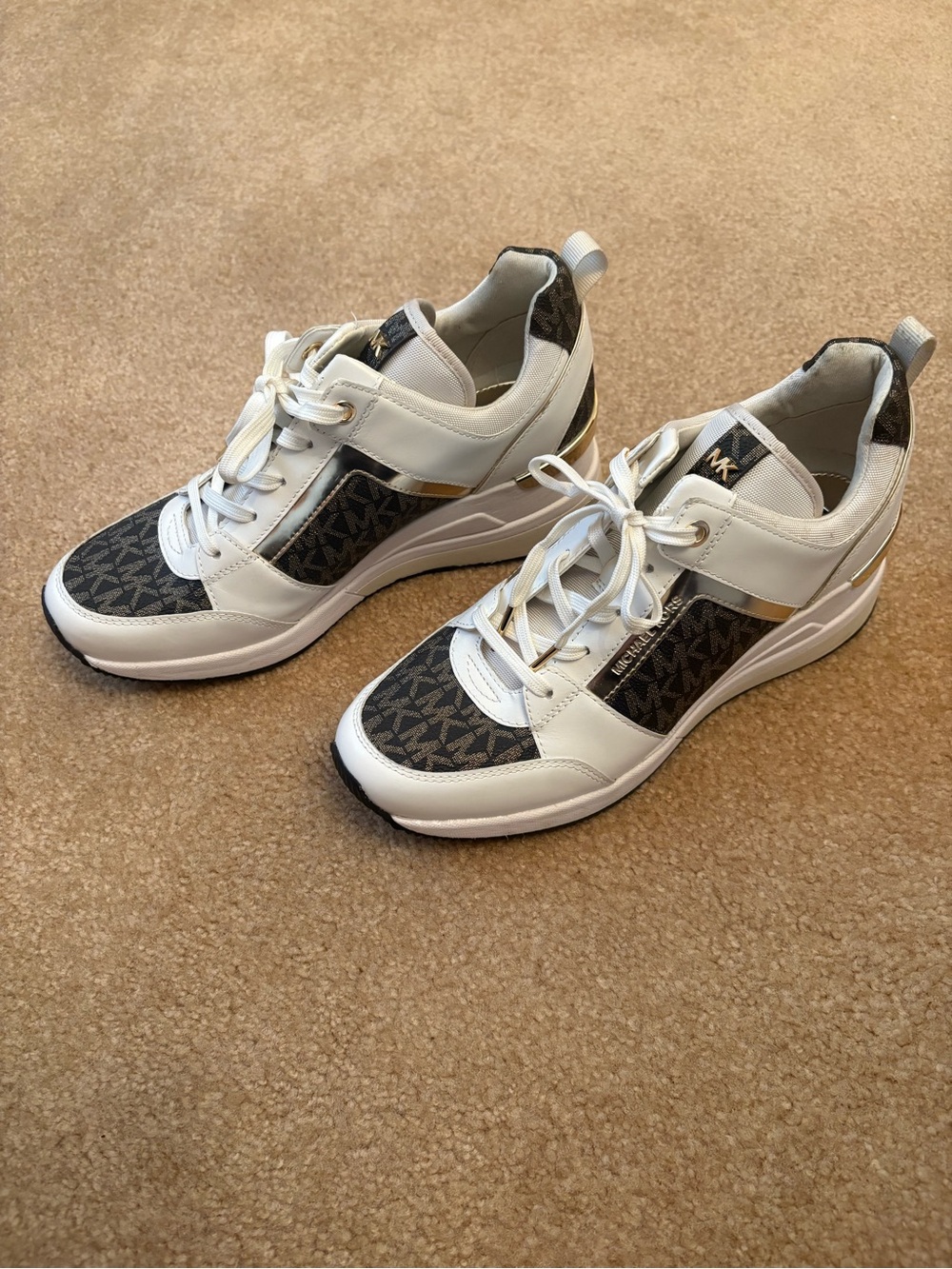 Michael Kors White and Brown MK Logo Lace-Up Platform Sneaker